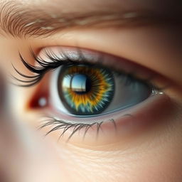 A stunning close-up of an open human eye capturing every intricate detail, showcasing a rich array of colors in the iris, delicate eyelashes framing the eye, and a natural glimmer reflecting light