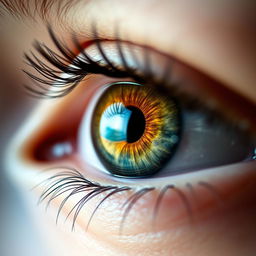 A stunning close-up of an open human eye capturing every intricate detail, showcasing a rich array of colors in the iris, delicate eyelashes framing the eye, and a natural glimmer reflecting light