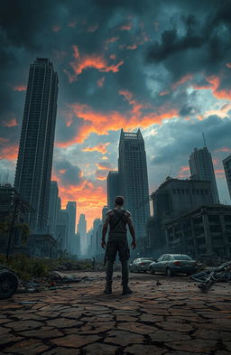An apocalyptic scene depicting a desolate urban landscape, with crumbling skyscrapers, overgrown vegetation, and eerie, dark clouds looming overhead