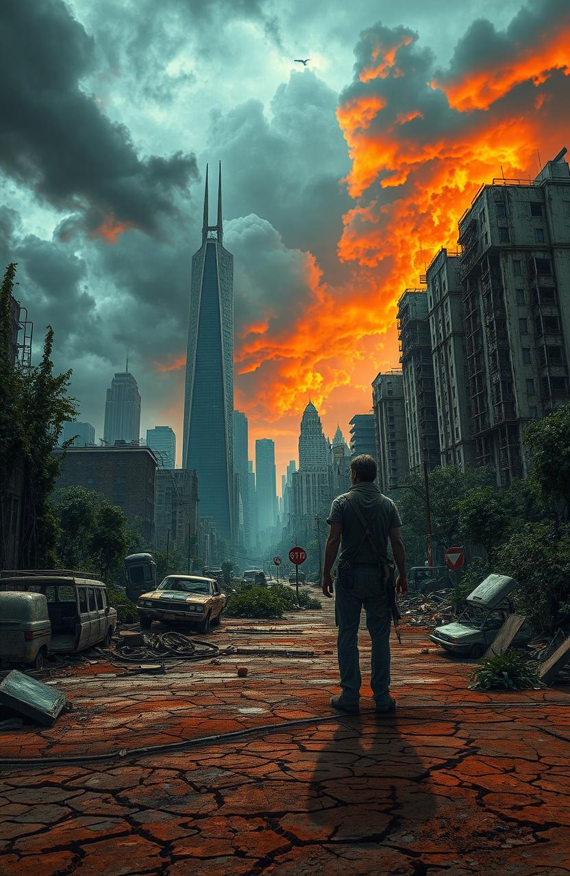 An apocalyptic scene depicting a desolate urban landscape, with crumbling skyscrapers, overgrown vegetation, and eerie, dark clouds looming overhead