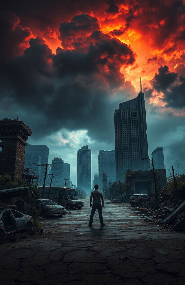 An apocalyptic scene depicting a desolate urban landscape, with crumbling skyscrapers, overgrown vegetation, and eerie, dark clouds looming overhead
