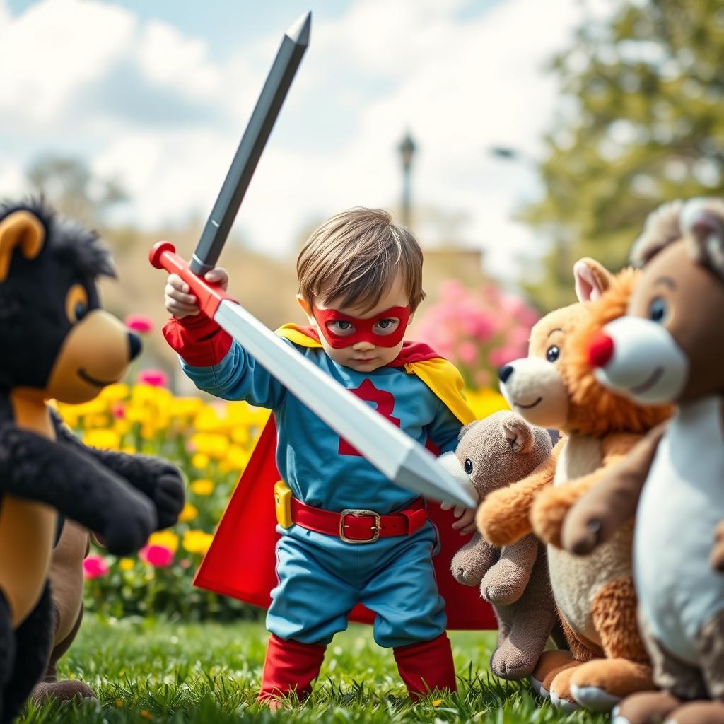 A dramatic and intense scene depicting a small child, around 7 years old, in a heroic pose, wielding a toy sword