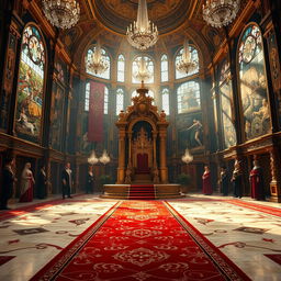 A majestic royal throne room filled with opulent decorations, featuring a grand ornate throne at the center
