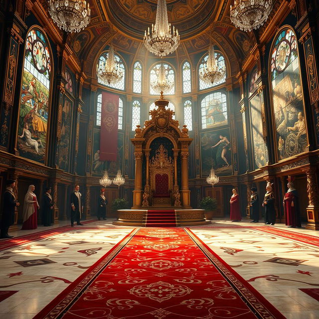 A majestic royal throne room filled with opulent decorations, featuring a grand ornate throne at the center