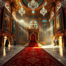 A majestic royal throne room filled with opulent decorations, featuring a grand ornate throne at the center