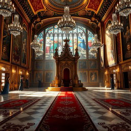 A majestic royal throne room filled with opulent decorations, featuring a grand ornate throne at the center