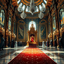A majestic royal throne room filled with opulent decorations, featuring a grand ornate throne at the center