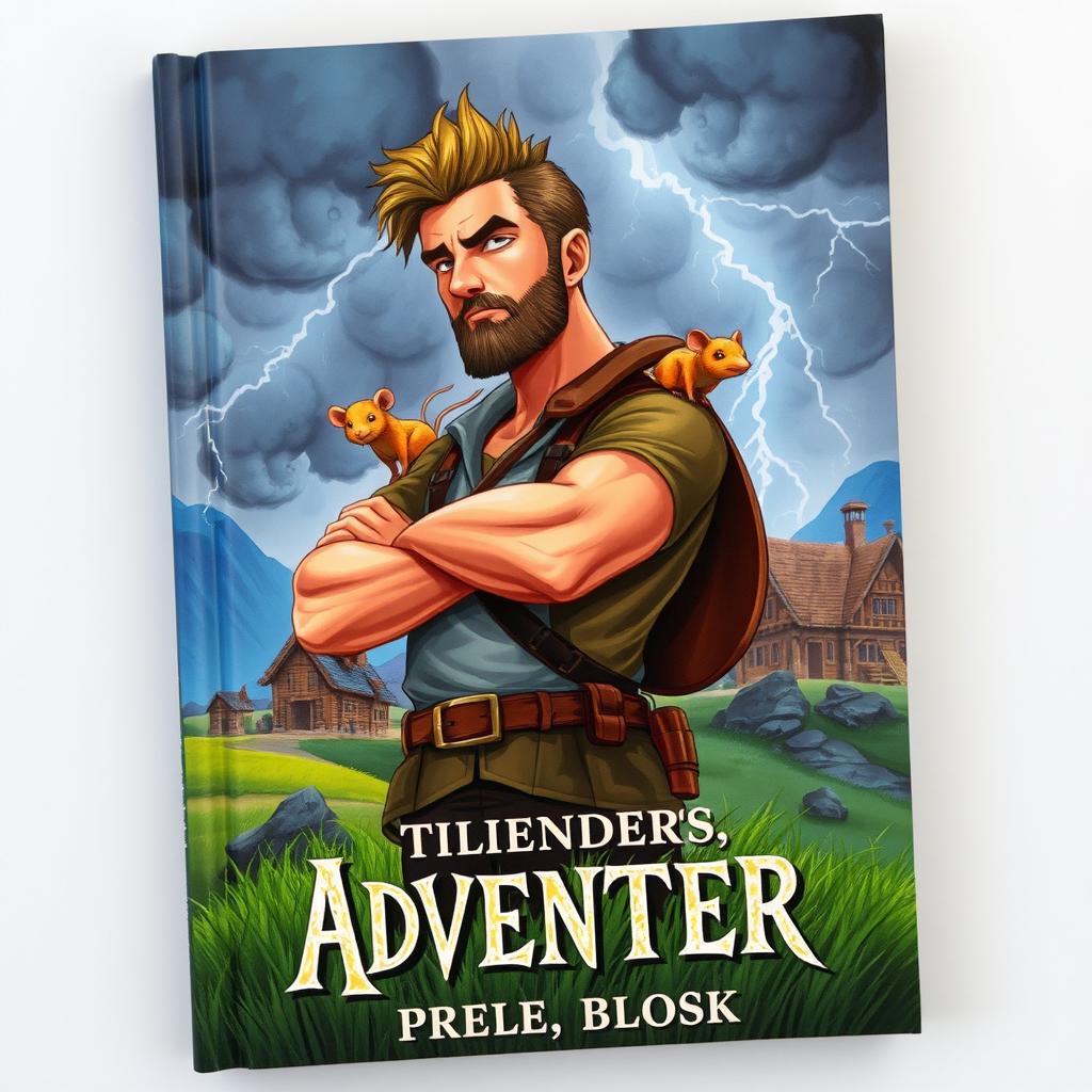 A book cover featuring a masculine adventurer with a determined expression, standing confidently on a grassy hill