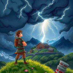 A book cover featuring a masculine adventurer with a determined expression, standing confidently on a grassy hill