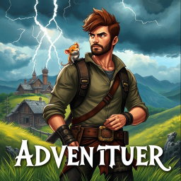 A book cover featuring a masculine adventurer with a determined expression, standing confidently on a grassy hill