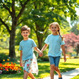 A boy and a girl walking side by side in a sunny park, surrounded by lush green trees and colorful flowers