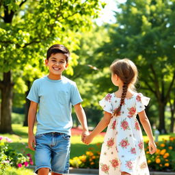 A boy and a girl walking side by side in a sunny park, surrounded by lush green trees and colorful flowers