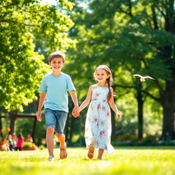 A boy and a girl walking side by side in a sunny park, surrounded by lush green trees and colorful flowers