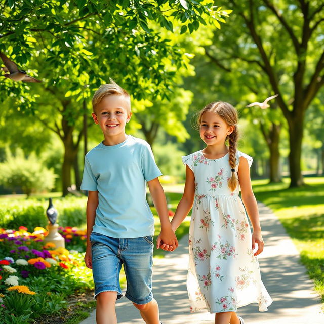 A boy and a girl walking side by side in a sunny park, surrounded by lush green trees and colorful flowers