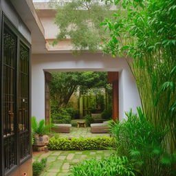 A 4-bedroom house featuring a lush green courtyard, designed with traditional Indian architecture, but furnished with modern furniture.