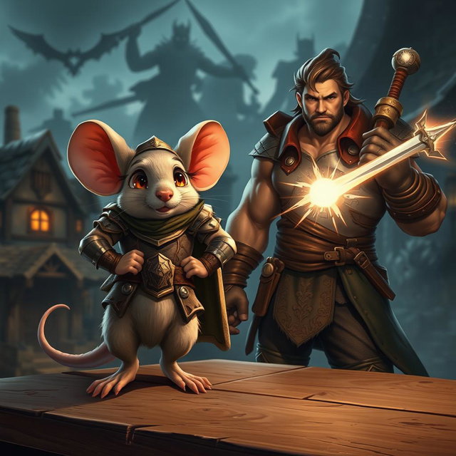 A dynamic scene depicting two characters from a lit RPG fantasy world: a heroic mouse donned in minimal armor, with expressive eyes and a determined expression, standing confidently on a wooden table