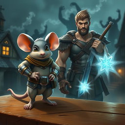 A dynamic scene depicting two characters from a lit RPG fantasy world: a heroic mouse donned in minimal armor, with expressive eyes and a determined expression, standing confidently on a wooden table