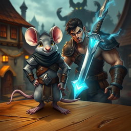 A dynamic scene depicting two characters from a lit RPG fantasy world: a heroic mouse donned in minimal armor, with expressive eyes and a determined expression, standing confidently on a wooden table