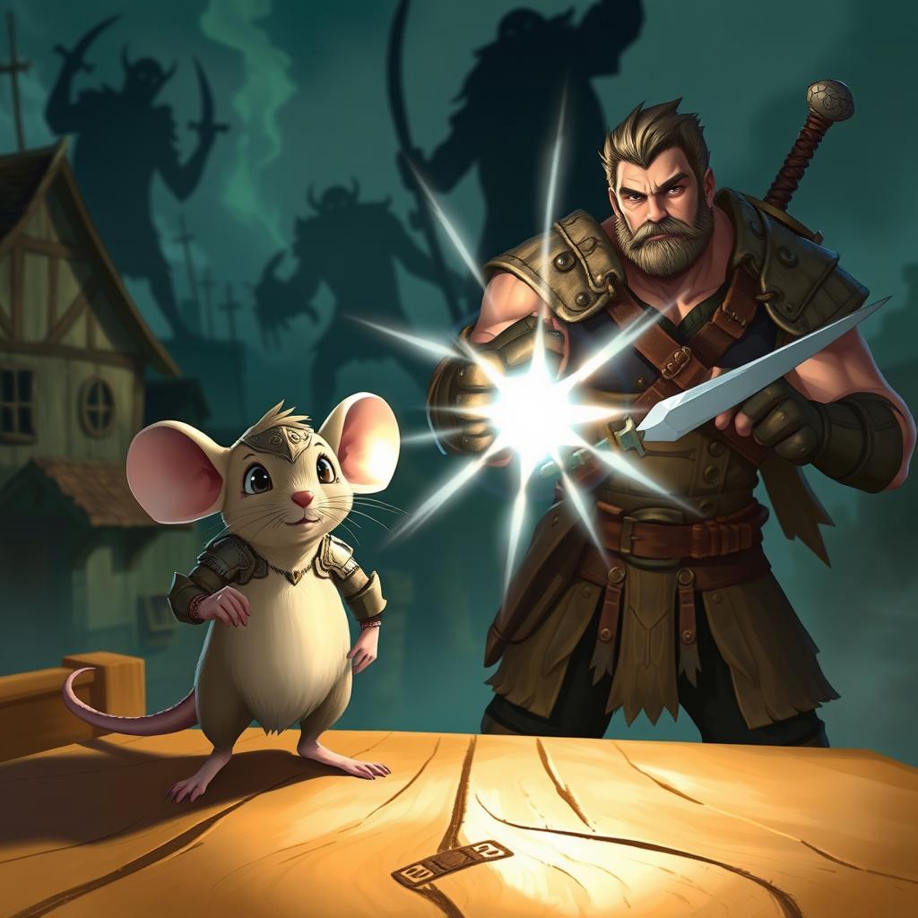 A dynamic scene depicting two characters from a lit RPG fantasy world: a heroic mouse donned in minimal armor, with expressive eyes and a determined expression, standing confidently on a wooden table
