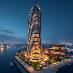 A modern skyscraper with fluid, curved lines proudly standing next to a river