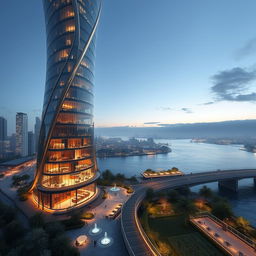 A modern skyscraper with fluid, curved lines proudly standing next to a river