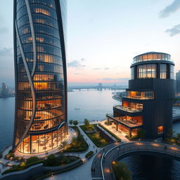 A modern skyscraper with fluid, curved lines proudly standing next to a river