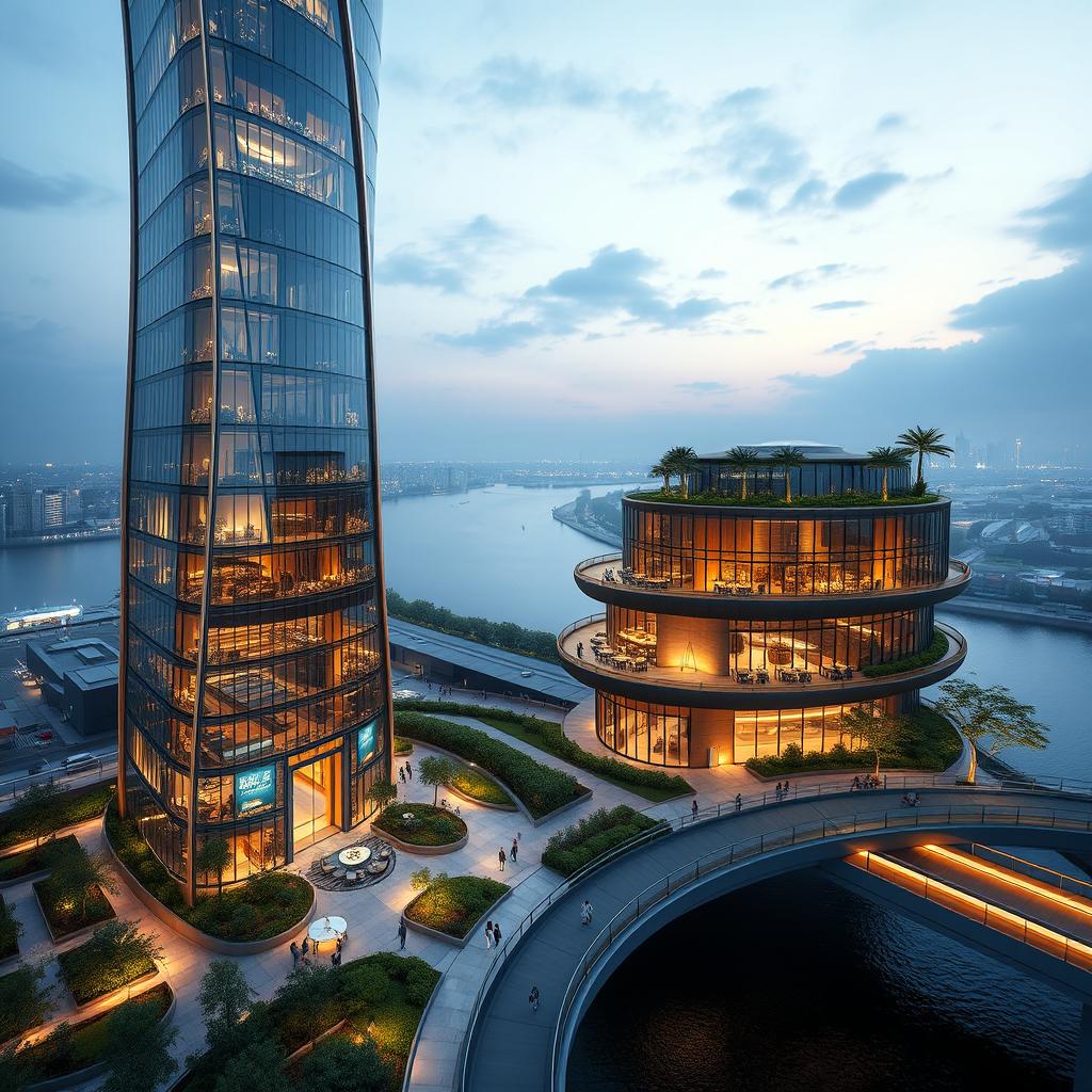 A modern skyscraper with fluid, curved lines proudly standing next to a river