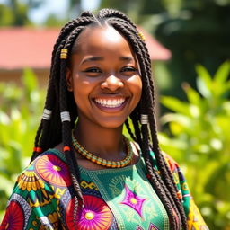 A joyful West African woman with radiant skin and a beautiful smile, wearing a colorful traditional outfit embellished with intricate patterns