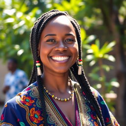 A joyful West African woman with radiant skin and a beautiful smile, wearing a colorful traditional outfit embellished with intricate patterns