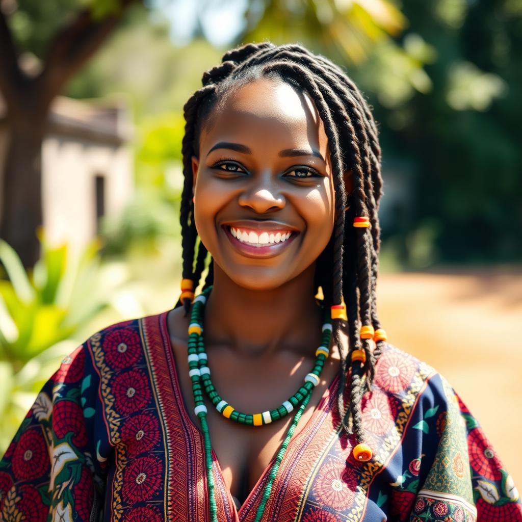 A joyful West African woman with radiant skin and a beautiful smile, wearing a colorful traditional outfit embellished with intricate patterns