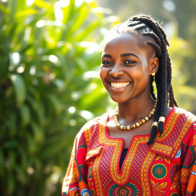 A joyful West African woman with radiant skin and a beautiful smile, wearing a colorful traditional outfit embellished with intricate patterns
