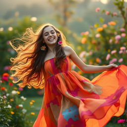 A young adult female in a whimsical outdoor setting, wearing a flowy, vibrant dress that dances in the breeze