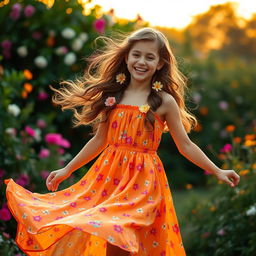A young adult female in a whimsical outdoor setting, wearing a flowy, vibrant dress that dances in the breeze