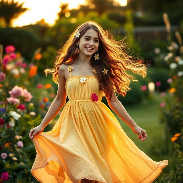 A young adult female in a whimsical outdoor setting, wearing a flowy, vibrant dress that dances in the breeze
