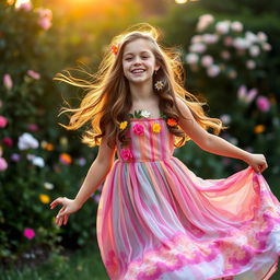A young adult female in a whimsical outdoor setting, wearing a flowy, vibrant dress that dances in the breeze