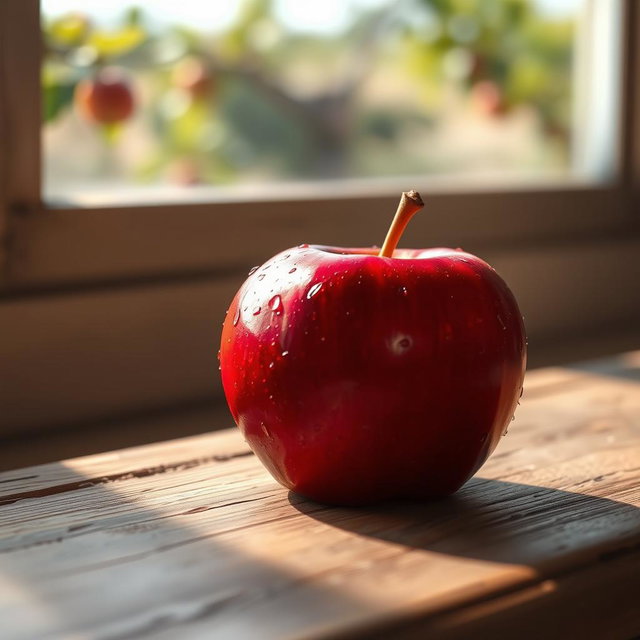 A single red apple placed on a rustic wooden table, glistening with fresh droplets of water to show its juiciness