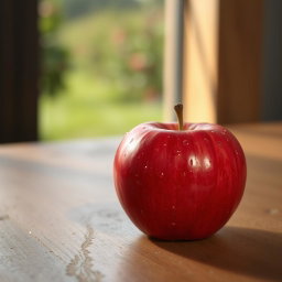 A single red apple placed on a rustic wooden table, glistening with fresh droplets of water to show its juiciness