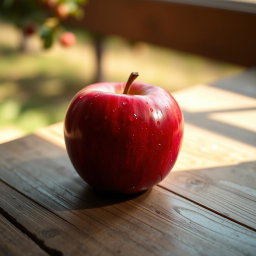 A single red apple placed on a rustic wooden table, glistening with fresh droplets of water to show its juiciness