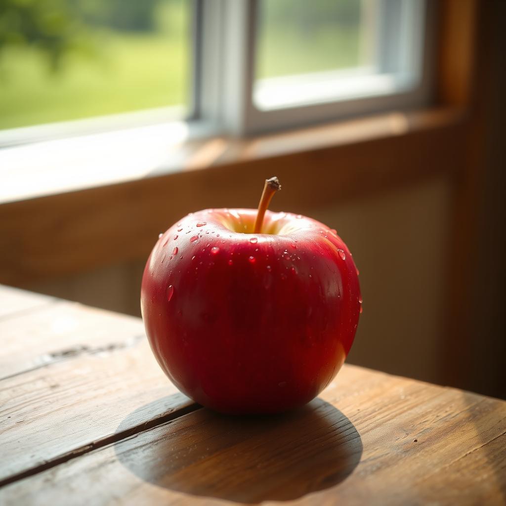 A single red apple placed on a rustic wooden table, glistening with fresh droplets of water to show its juiciness
