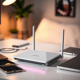 A close-up view of a stylish modern Wi-Fi router, featuring sleek design with LED indicators, placed on a minimalist desk surrounded by tech gadgets like smartphones and laptops
