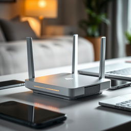 A close-up view of a stylish modern Wi-Fi router, featuring sleek design with LED indicators, placed on a minimalist desk surrounded by tech gadgets like smartphones and laptops