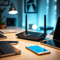 A close-up view of a stylish modern Wi-Fi router, featuring sleek design with LED indicators, placed on a minimalist desk surrounded by tech gadgets like smartphones and laptops