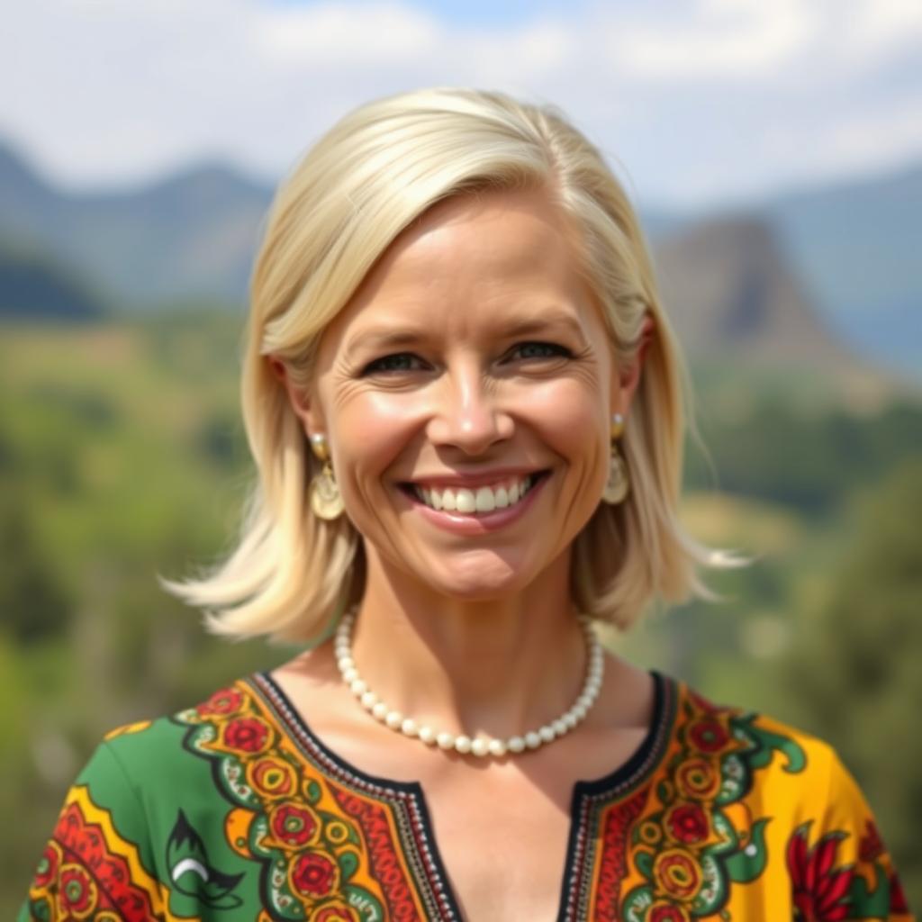 A smiling South African woman with white skin, exuding warmth and friendliness