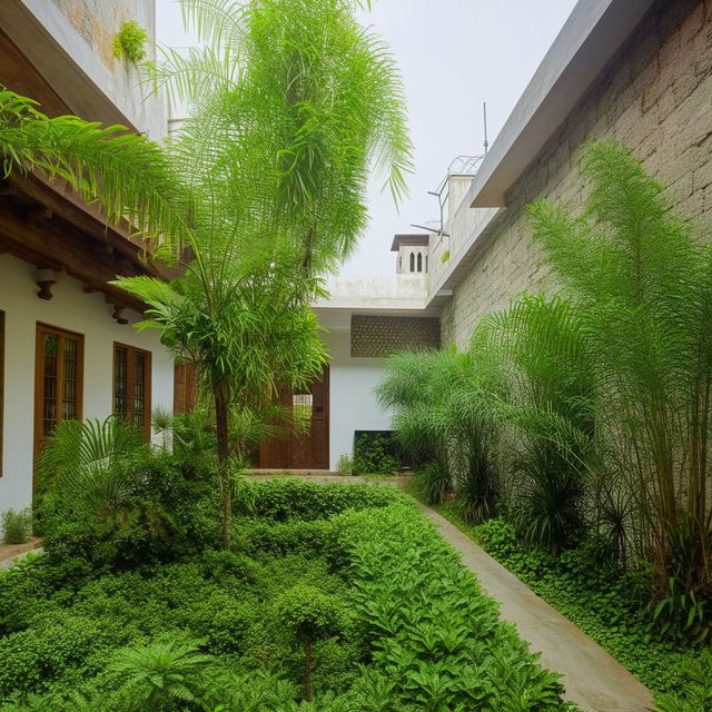 A 4-bedroom house featuring a lush green courtyard, designed with traditional Indian architecture, but furnished with modern furniture.