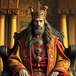A majestic portrayal of a king from ancient Iran, adorned in intricate royal robes decorated with vibrant patterns and jewels
