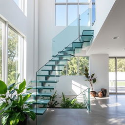 A modern architectural staircase featuring a sleek, minimalist design made of glass and steel
