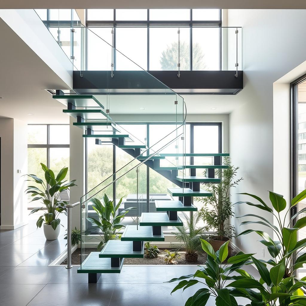 A modern architectural staircase featuring a sleek, minimalist design made of glass and steel