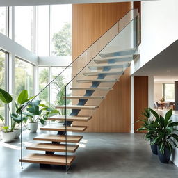 A modern architectural staircase featuring a sleek, minimalist design made of glass and steel