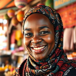 A smiling African woman wearing a beautifully patterned hijab, exuding warmth and happiness