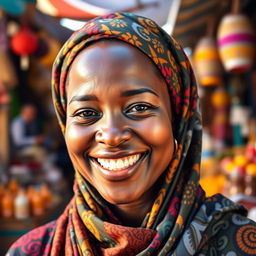 A smiling African woman wearing a beautifully patterned hijab, exuding warmth and happiness